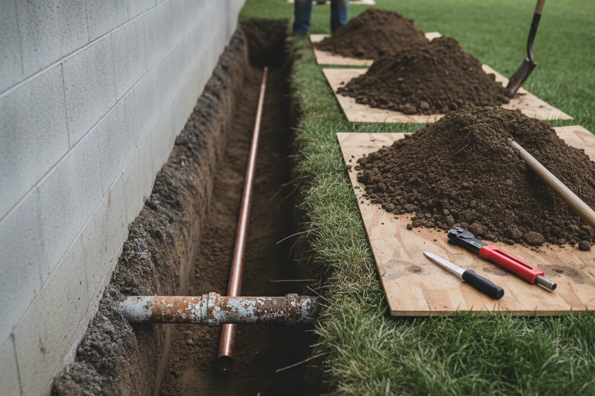 Excavated water line trench during Sewer Line Repair in Kahuku
